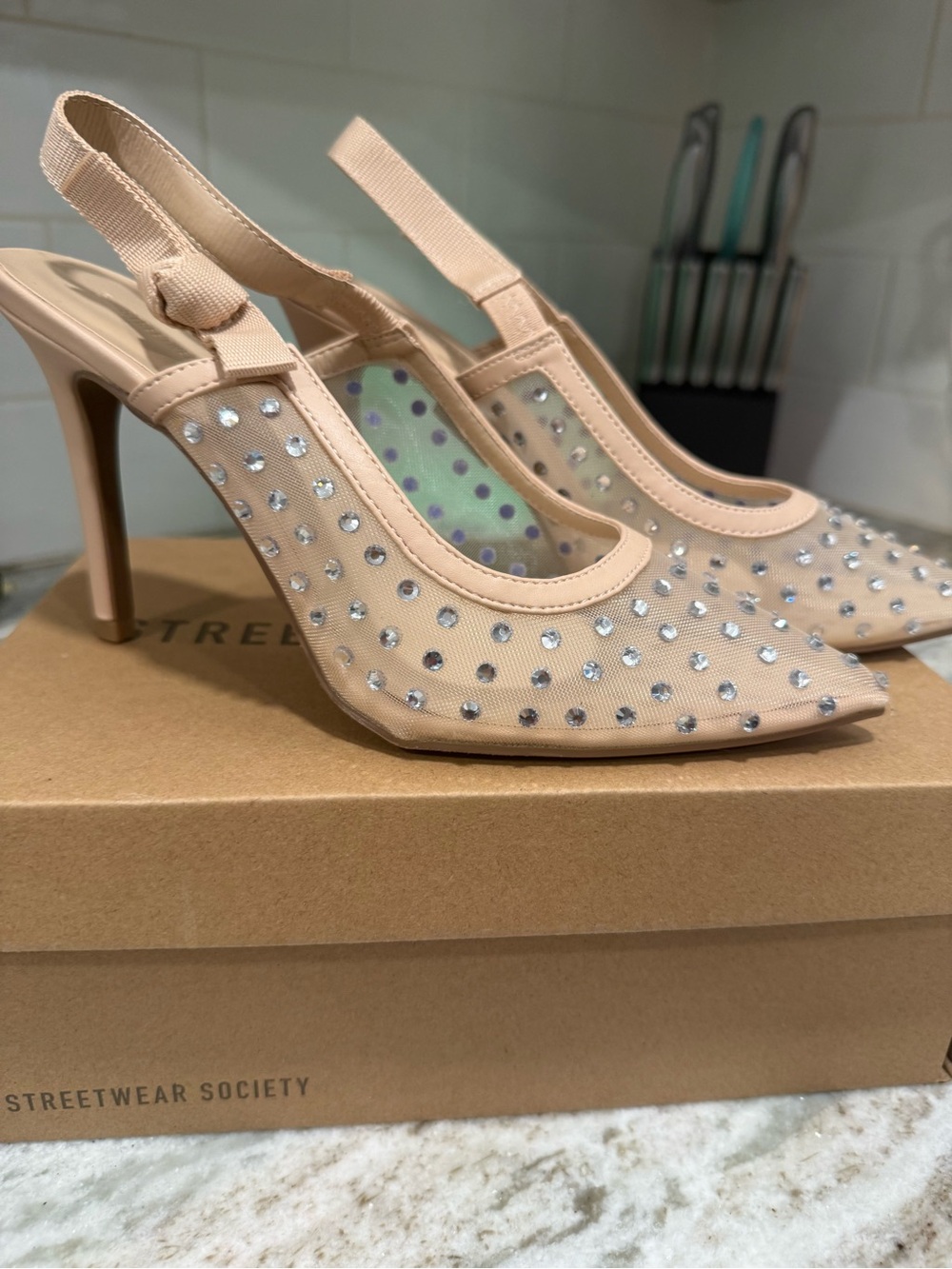 Streetwear Society Nude Mesh Slingback Heels with Crystals